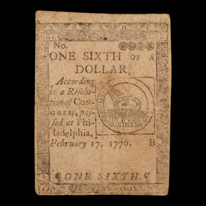 The United Colonies (Thirteen American Colonies), Continental Currency, $1/6 "Fugio" Note - February 17, 1776 - American Revolution