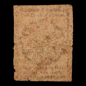 The United Colonies (Thirteen American Colonies), Continental Currency, $2/3 "Fugio" Note - February 17, 1776 - American Revolution