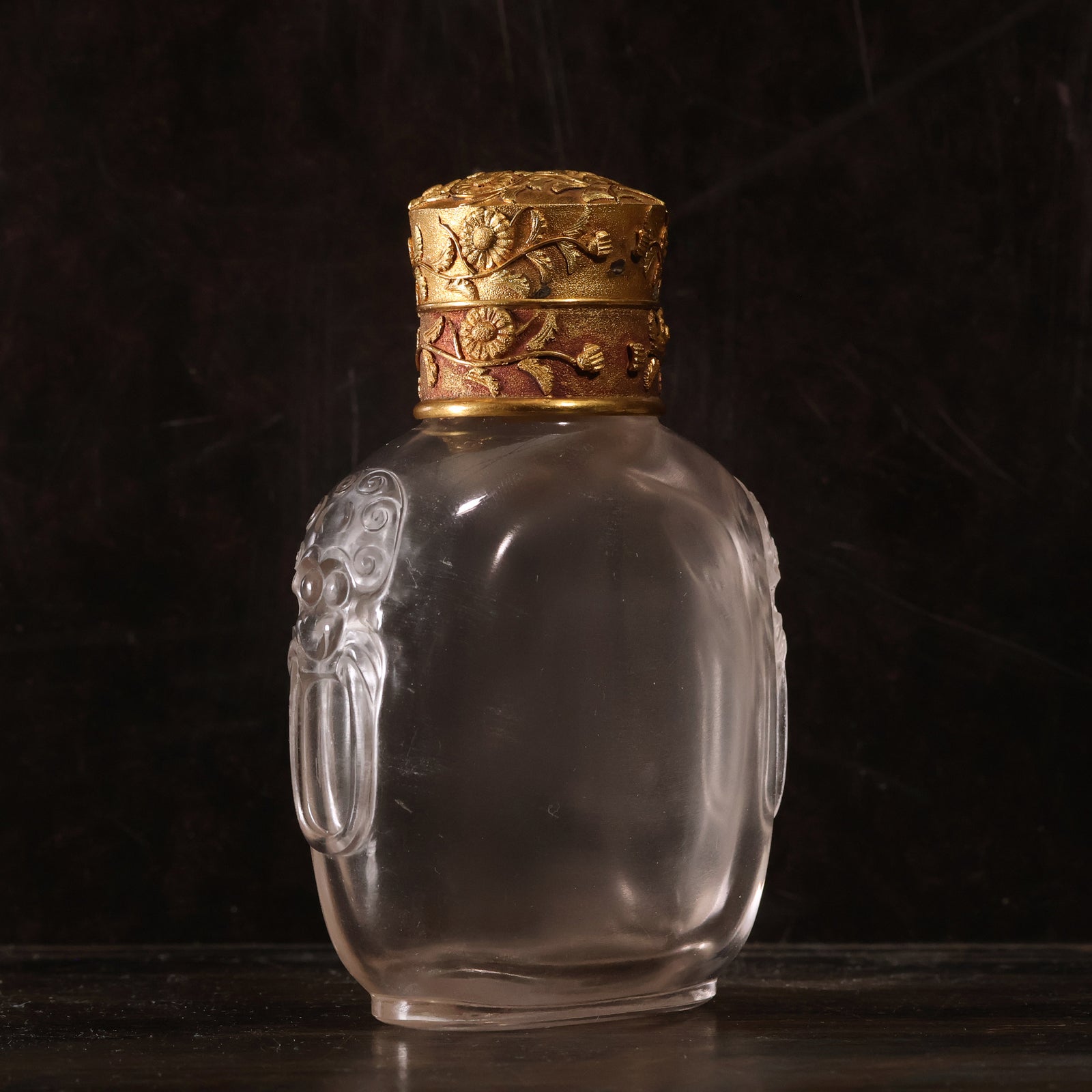 China, Qing Dynasty, Rock Crystal Snuff Bottle with Hand Carved Gold Plated Floral Cover - 1750 to 1830 CE - Imperial China