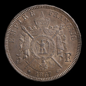 France, Emperor Napoleon III, AR (Silver) 5 Francs - 1867 CE - France