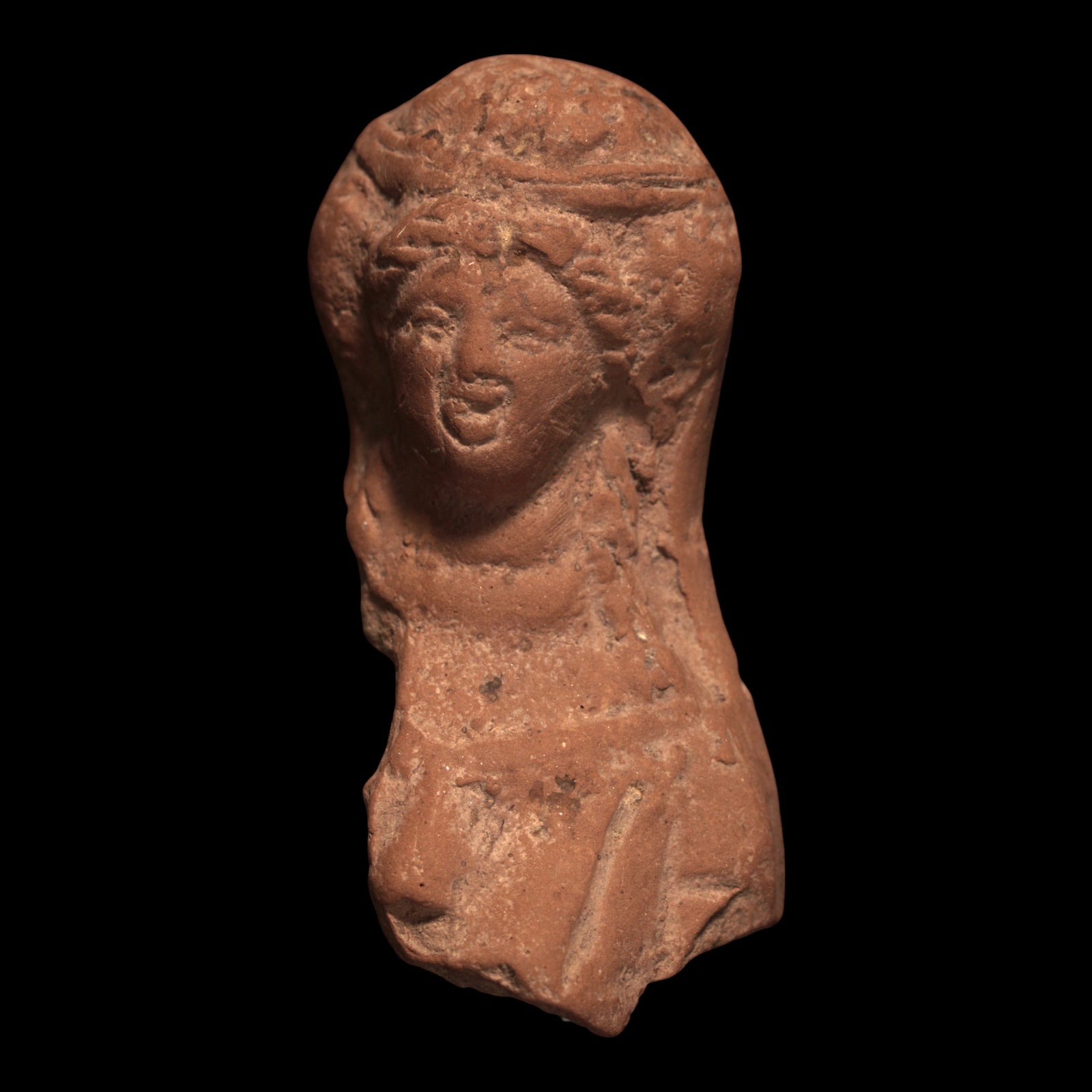 Roman Terracotta Statue Fragment, Bust of a Woman Wearing a Tunic (3.4 x 1.5 inches) - c. 1st to 2nd century CE - Roman Empire