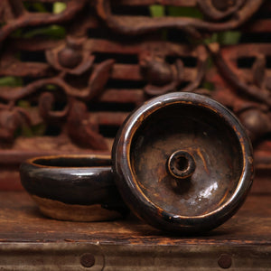 China, Qing Dynasty, Pair of Small Dark Glazed Oil Lamps - c. early 1900s CE - Imperial China