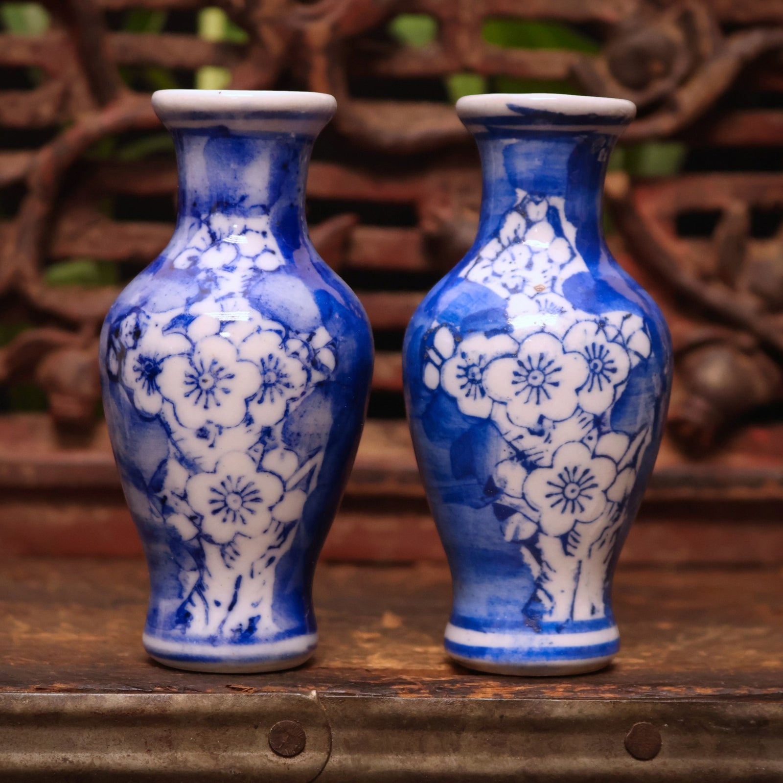 China, Qing Dynasty, Pair of Blue & White Ceramic Floral Vases - c. early 1900s CE - Imperial China