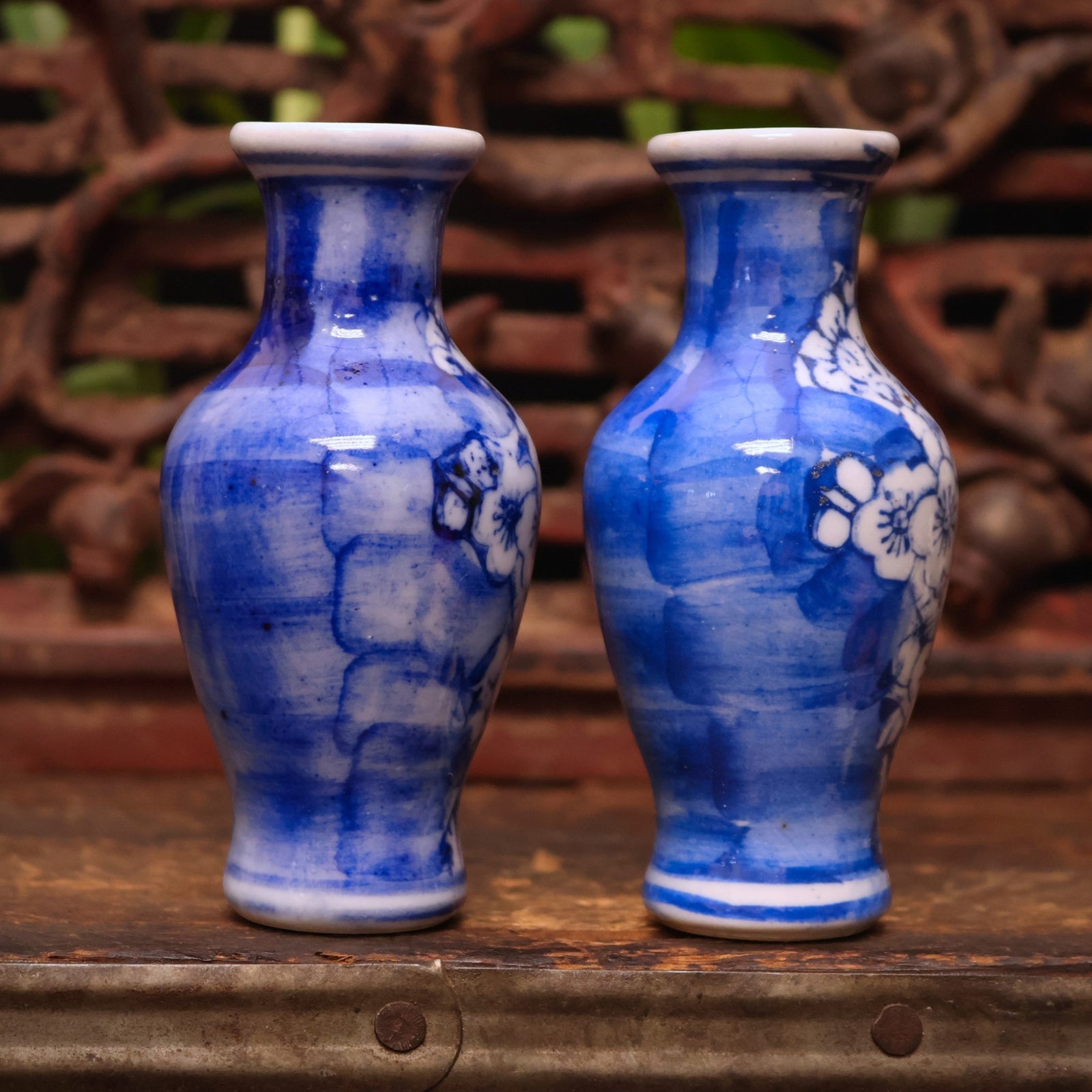 China, Qing Dynasty, Pair of Blue & White Ceramic Floral Vases - c. early 1900s CE - Imperial China