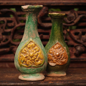 China, Ming Dynasty, Pair of Sancai Glazed Ceramic Vase Offerings - c. 1400s to 1600s CE - Imperial China