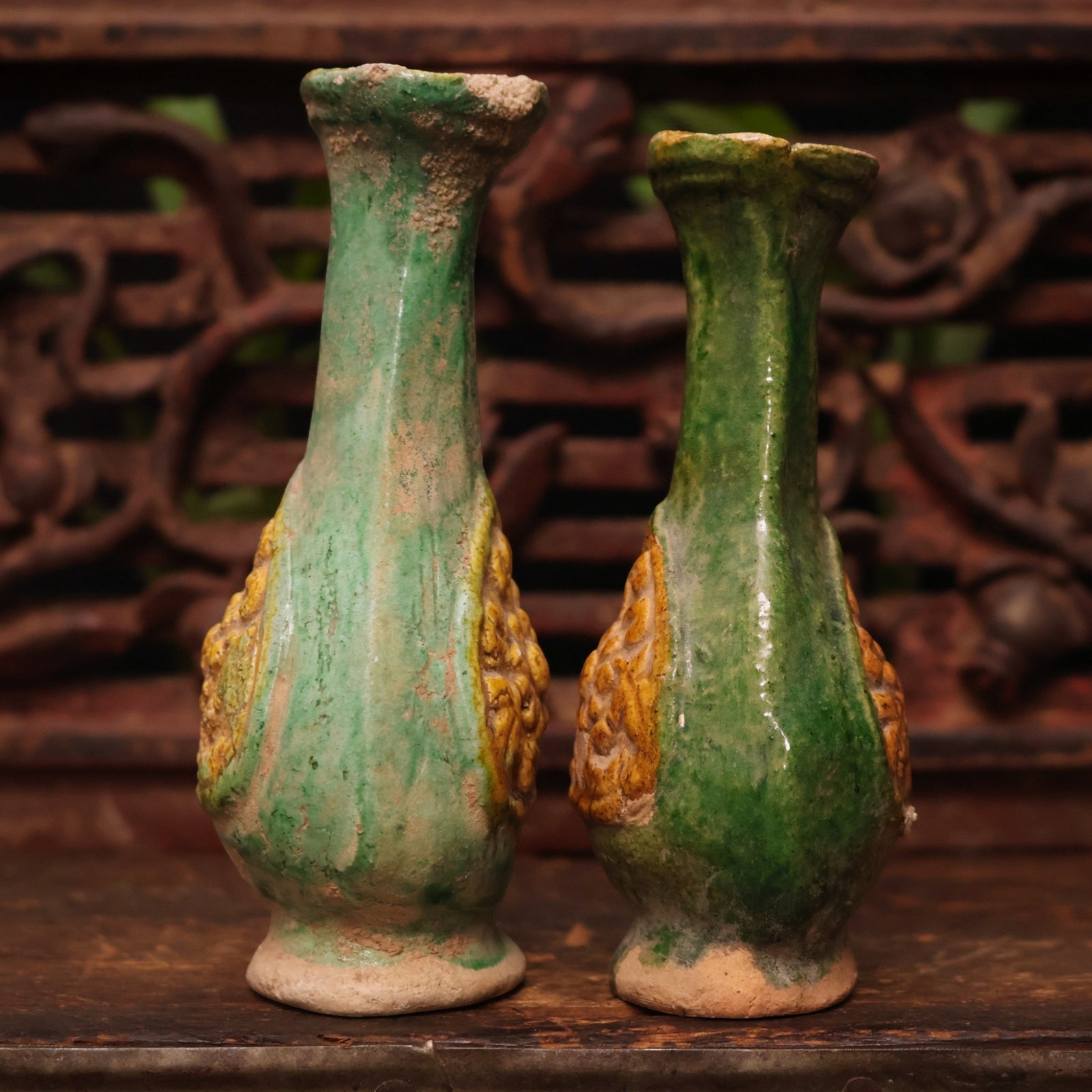 China, Ming Dynasty, Pair of Sancai Glazed Ceramic Vase Offerings - c. 1400s to 1600s CE - Imperial China