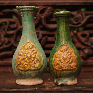 China, Ming Dynasty, Pair of Sancai Glazed Ceramic Vase Offerings - c. 1400s to 1600s CE - Imperial China