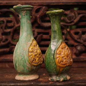 China, Ming Dynasty, Pair of Sancai Glazed Ceramic Vase Offerings - c. 1400s to 1600s CE - Imperial China