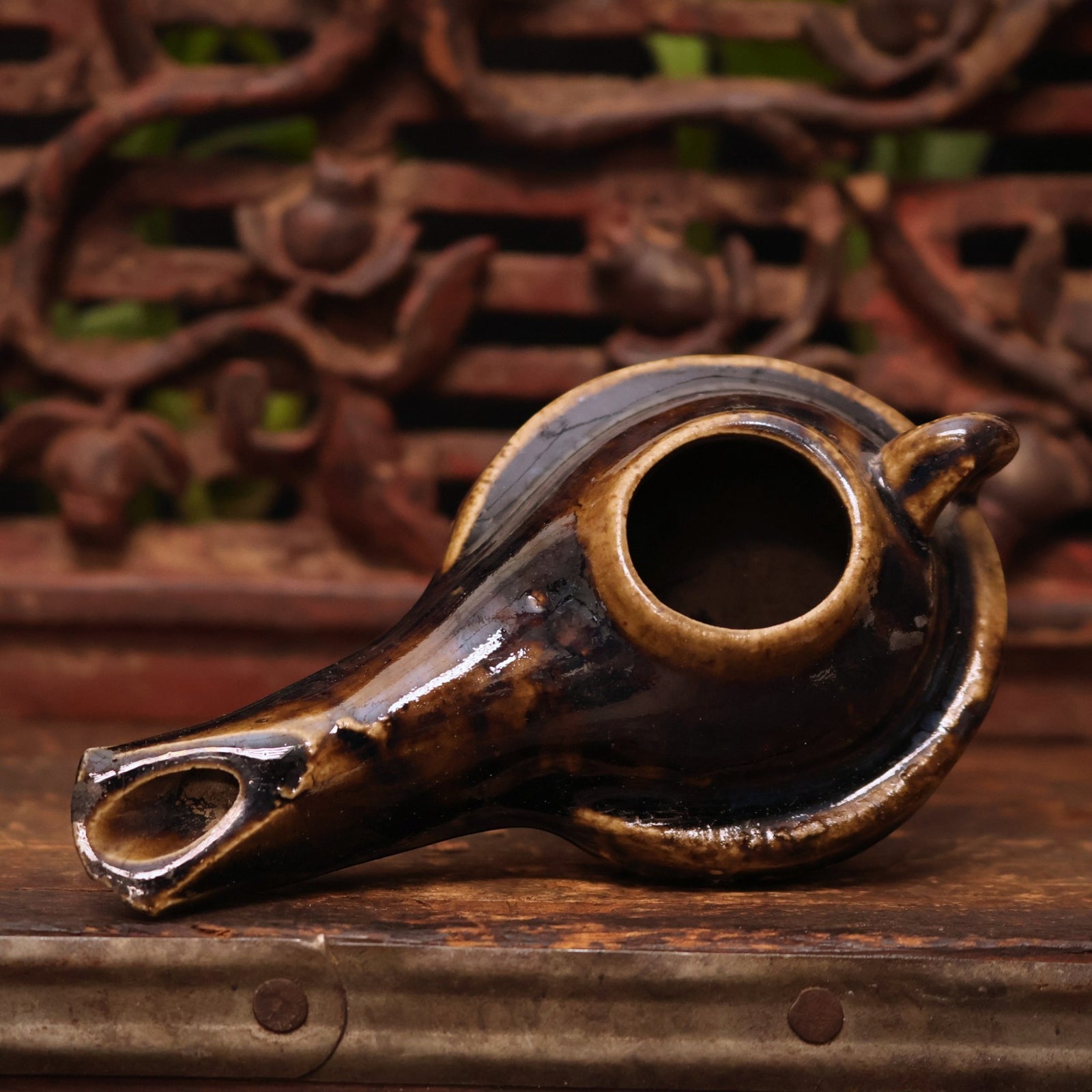 China, Qing Dynasty, Dark Glazed Ceramic Oil Lamp - c. early 1900s CE - Imperial China