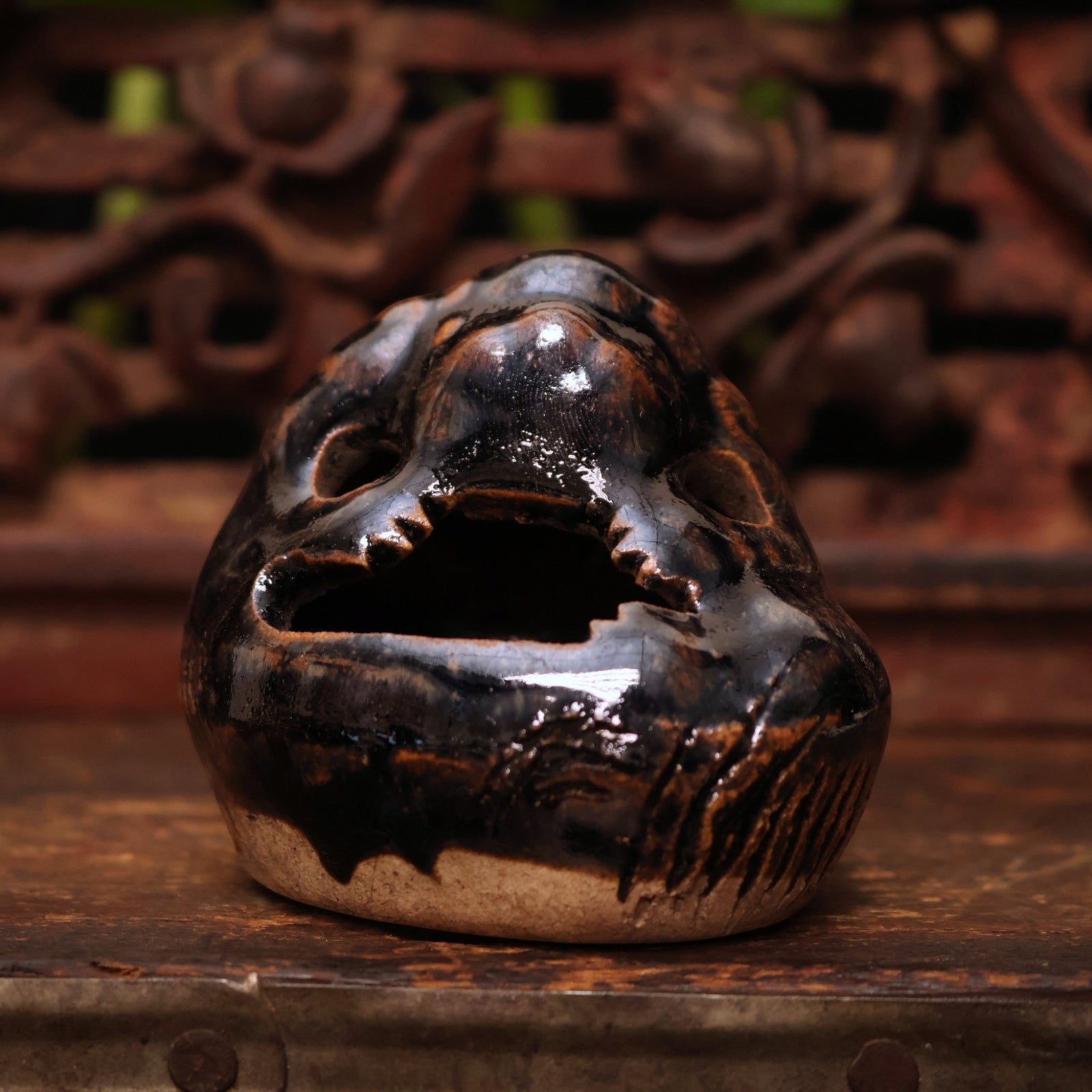 China, Qing Dynasty, Dark Glazed Ceramic Calligraphy Brush Hodler & Water Vessel - c. 1800s CE - Imperial China