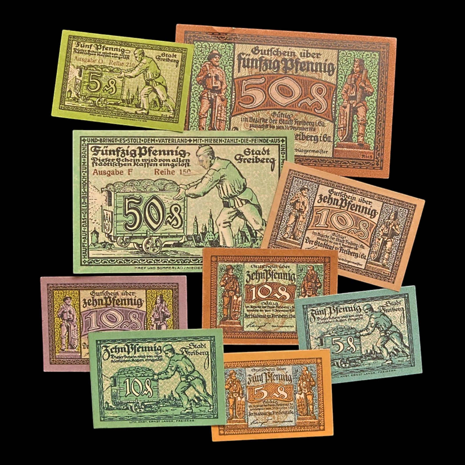 Weimar Germany, City of Frieberg, Lot of Nine Notgeld Notes - 1918 CE - Weimar Republic