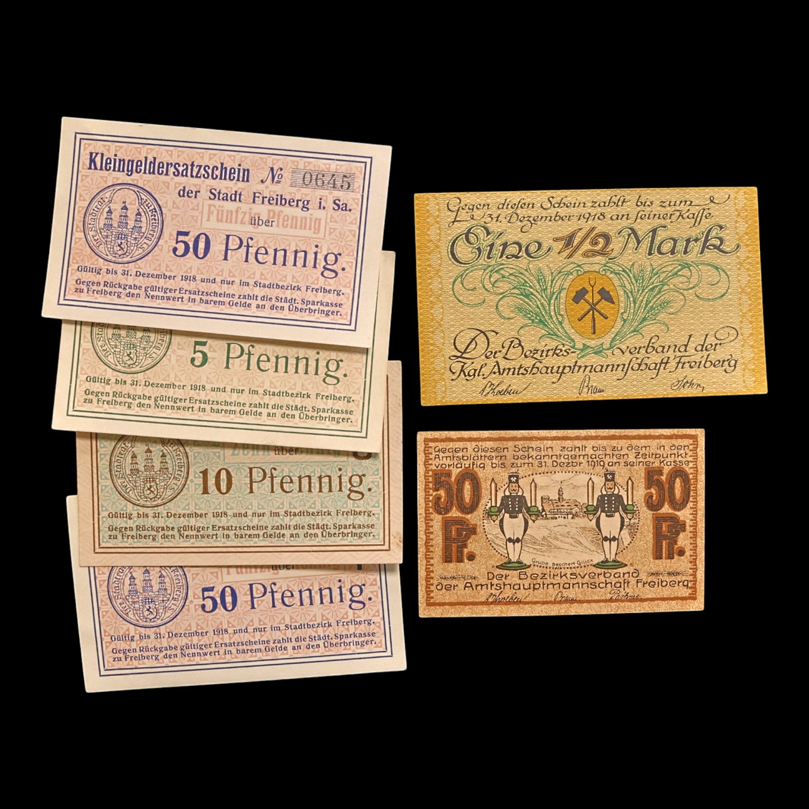 Weimar Germany, City of Frieberg, Lot of Six Notgeld Notes - 1918 to 1919 CE - Weimar Republic