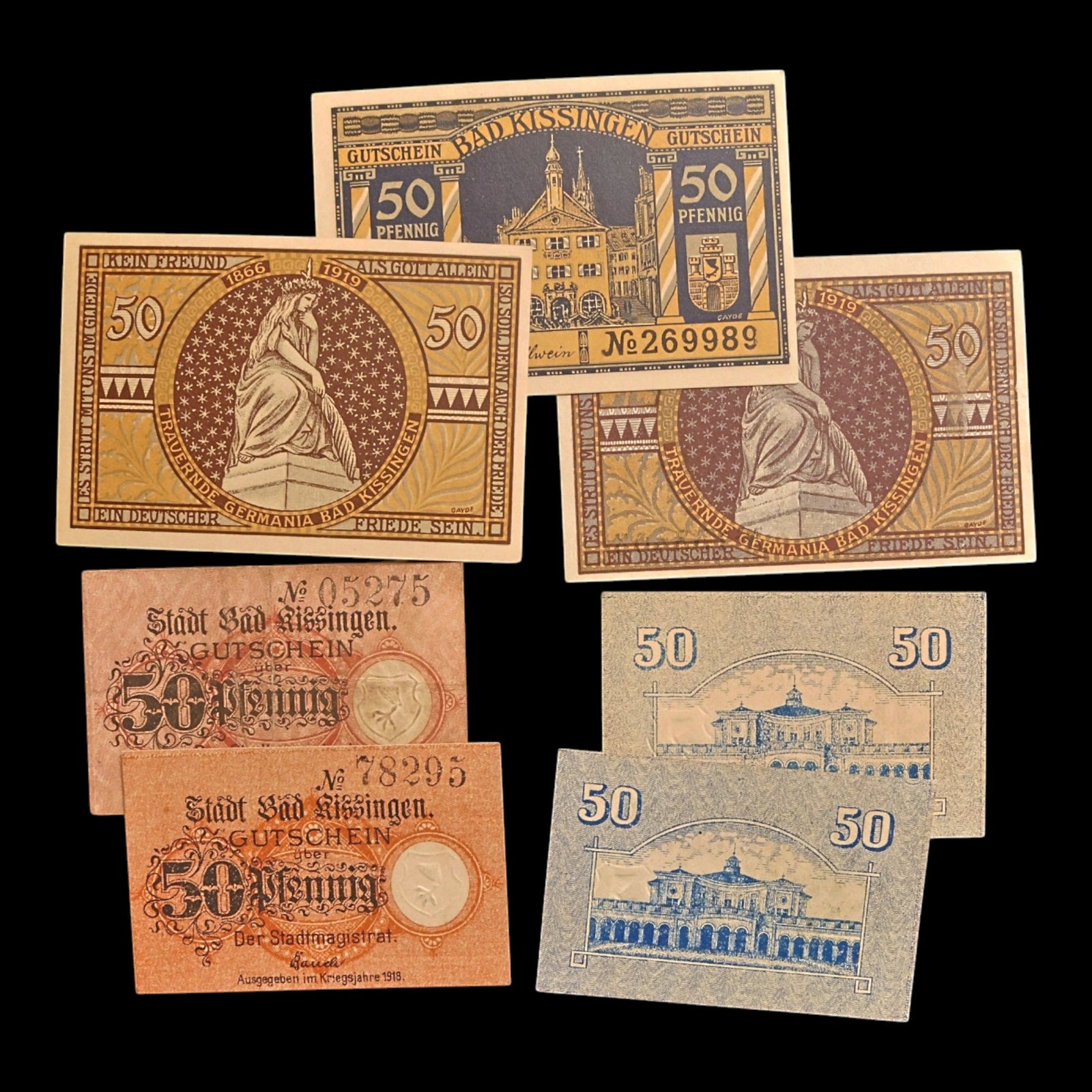Weimar Germany, City of Bad Kissingen, Lot of Seven Notgeld Notes - 1918 to 1919 CE - Weimar Republic