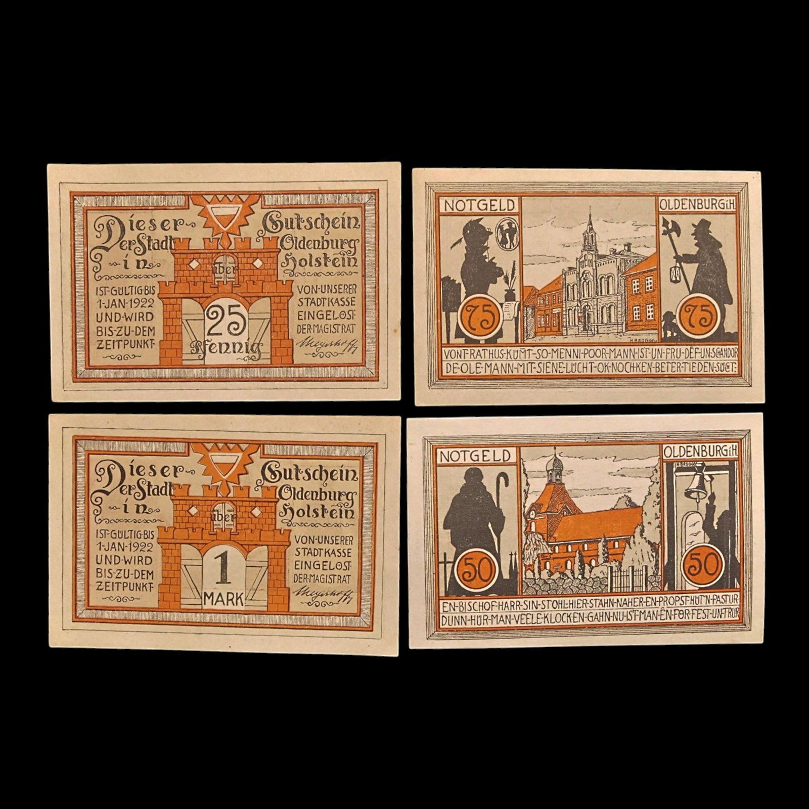 Weimar Germany, Oldenburg in Holstein, Lot of Four Notgeld Notes - 1922 CE - Weimar Republic