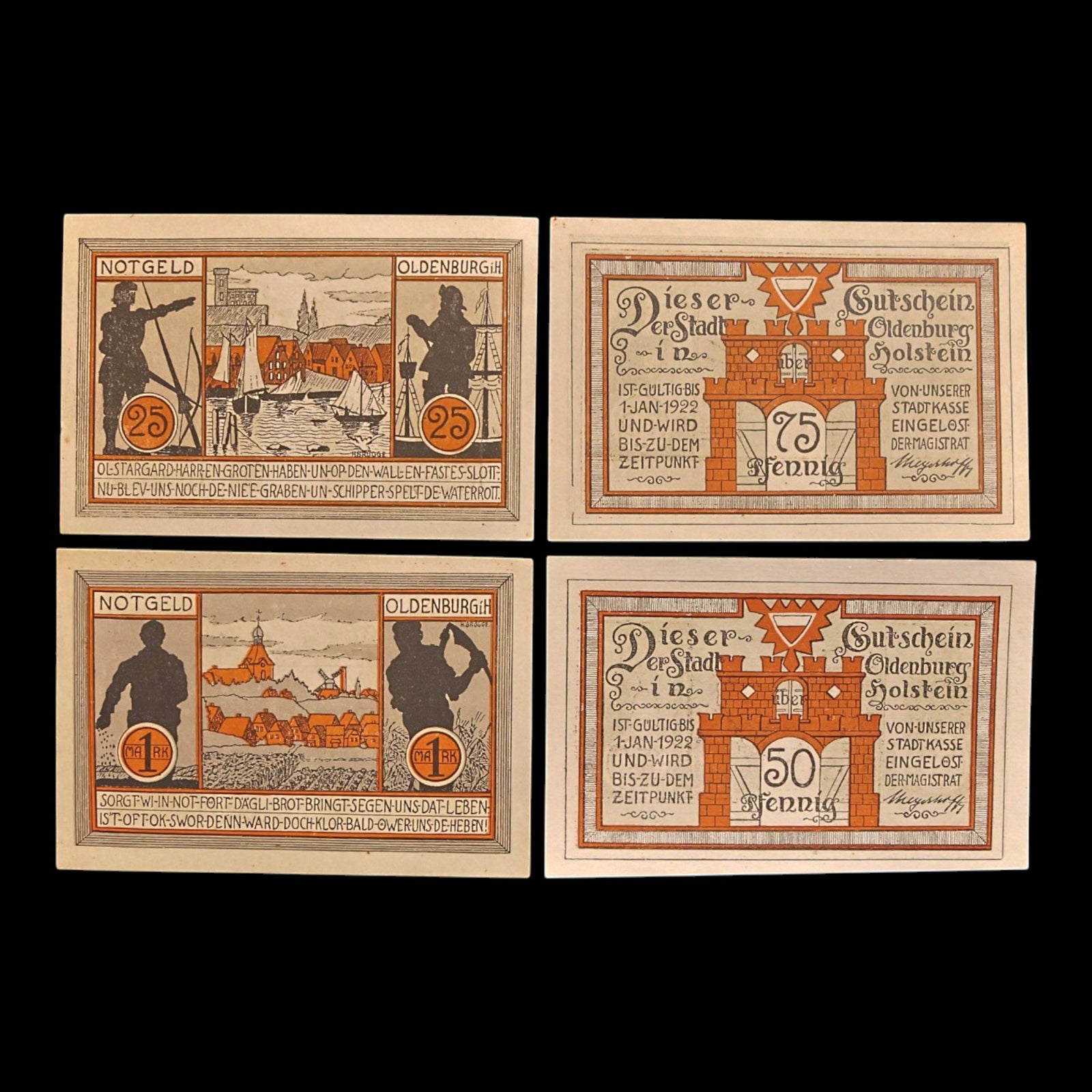 Weimar Germany, Oldenburg in Holstein, Lot of Four Notgeld Notes - 1922 CE - Weimar Republic