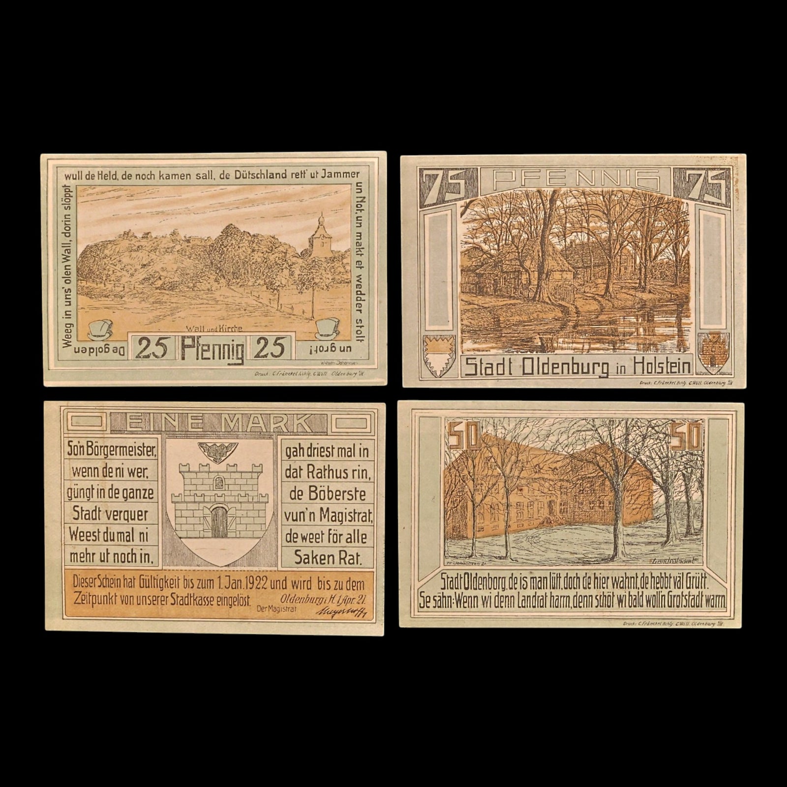 Weimar Germany, Oldenburg in Holstein, Lot of Four Notgeld Notes - 1921 CE - Weimar Republic