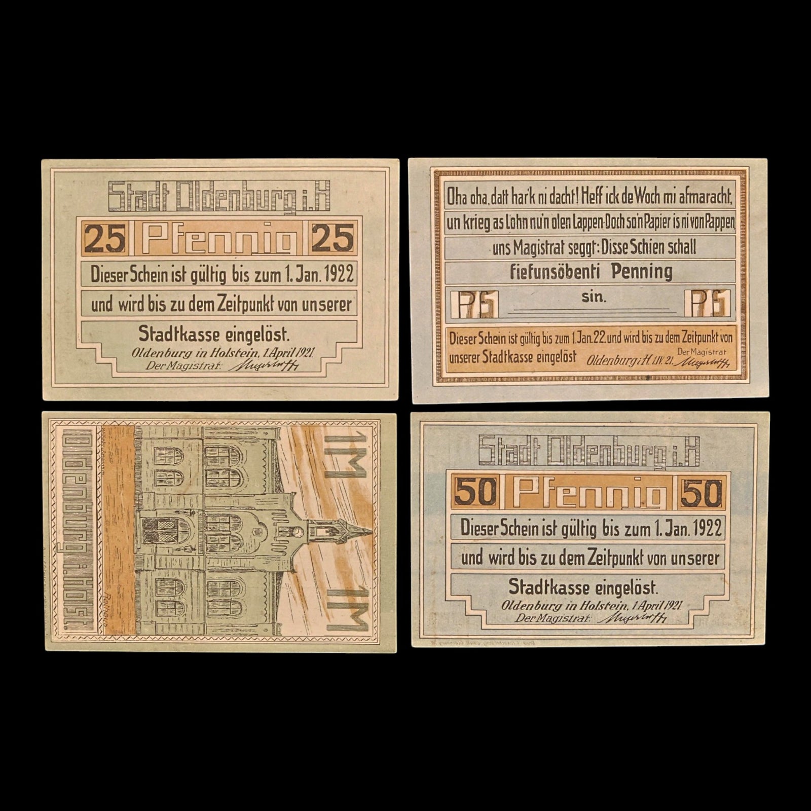 Weimar Germany, Oldenburg in Holstein, Lot of Four Notgeld Notes - 1921 CE - Weimar Republic