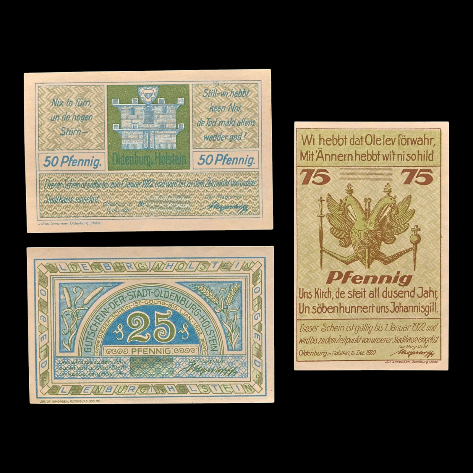 Weimar Germany, Oldenburg in Holstein, Lot of Three Notgeld Notes - 1922 CE - Weimar Republic