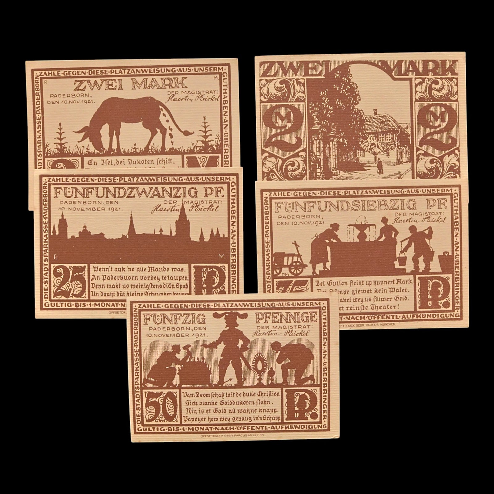 Weimar Germany, City of Paderborn, Lot of Five Notgeld Notes - 1921 CE - Weimar Republic