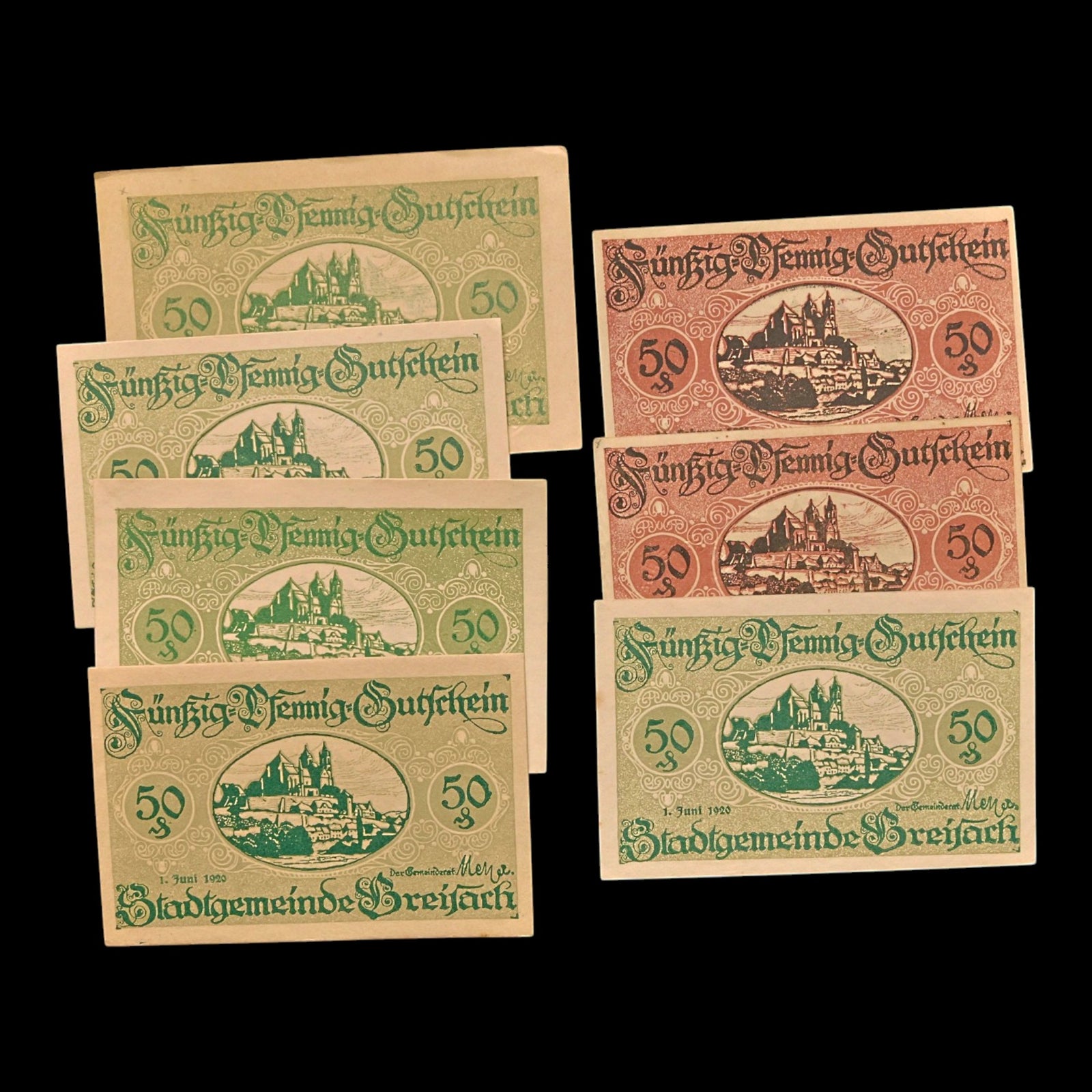 Weimar Germany, City of Breisach, Lot of Seven Notgeld Notes - 1920 CE - Weimar Republic