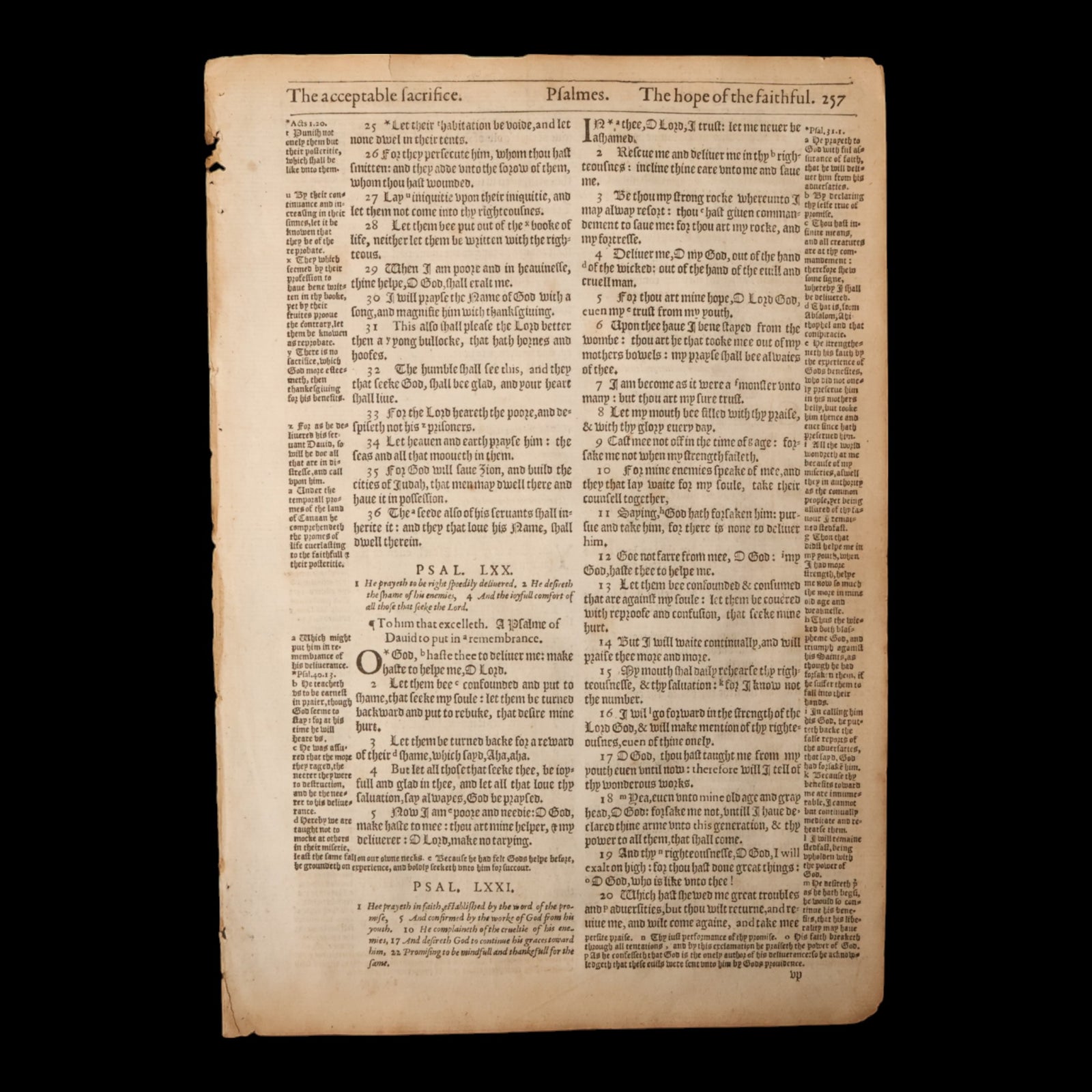 Geneva Bishop’s Bible Leaf (The Hope of the Faithful, Psalm 70-73) - 1595 - England
