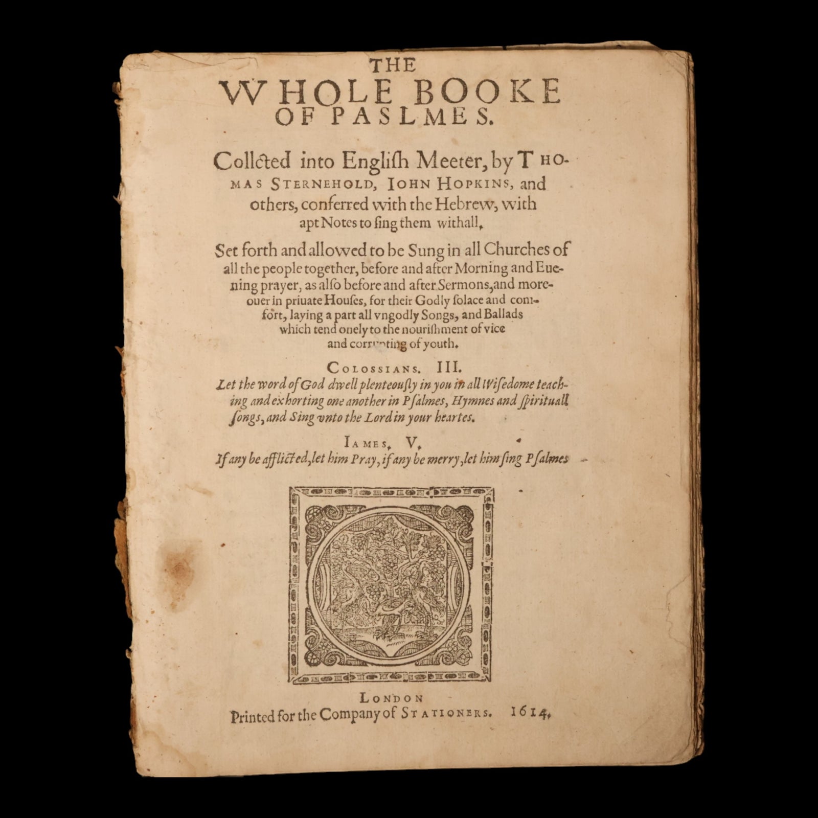 "The Whole Booke of Paslmes," Portion of an English Psalm Hymnal - Published 1614 - England
