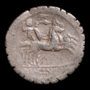 Roman Republic, Cn. Domitius Ahenobarbus, AR Denarius Serratus, Roma (Goddess of Rome) - 118 BCE - Roman Republic