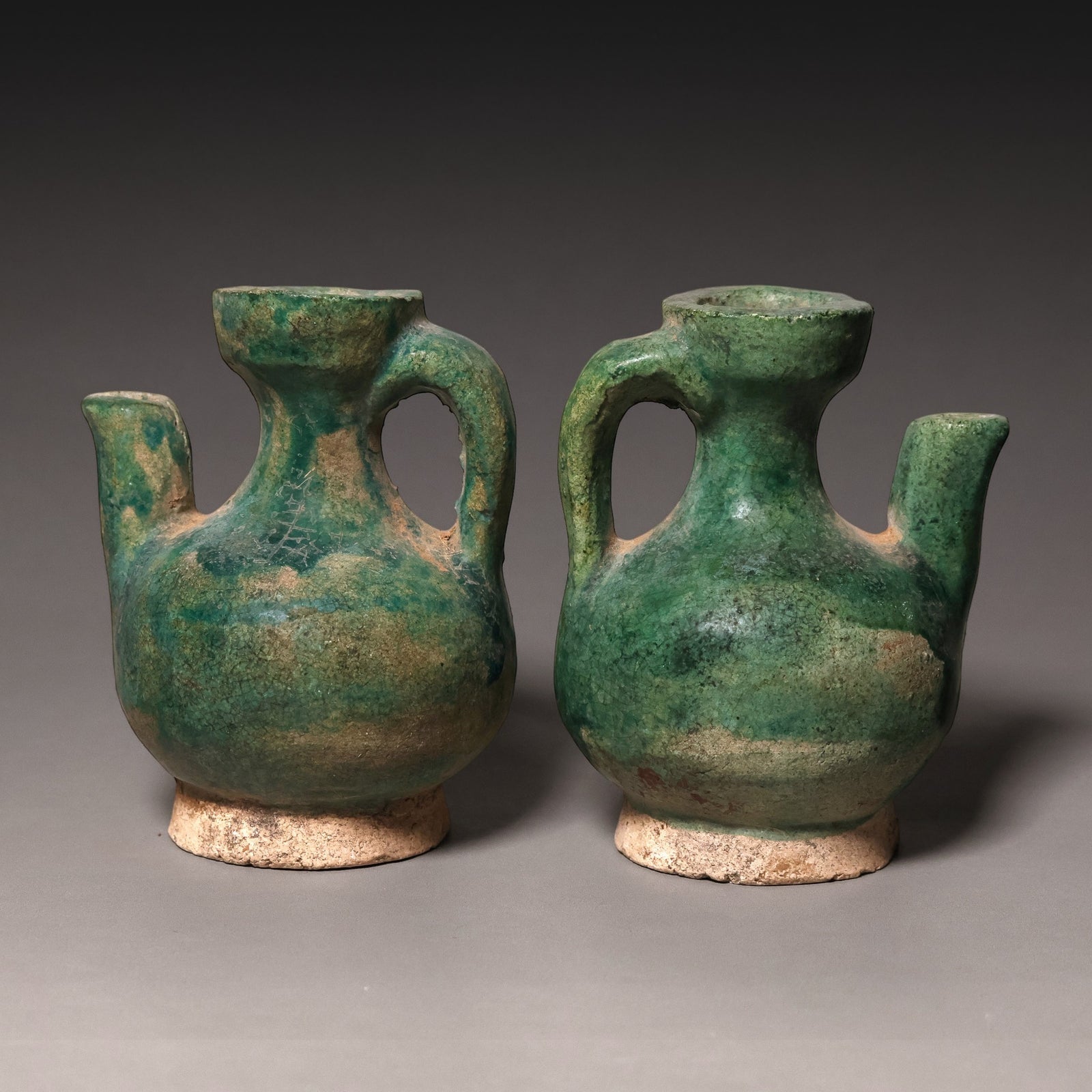 Ming Dynasty, Pair of Blue-Glazed Mingqi Vessel Shaped Pottery Figures - c. 1400s to 1600s CE - Imperial China