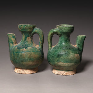 Ming Dynasty, Pair of Blue-Glazed Mingqi Vessel Shaped Pottery Figures - c. 1400s to 1600s CE - Imperial China