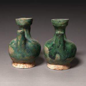 Ming Dynasty, Pair of Blue-Glazed Mingqi Vessel Shaped Pottery Figures - c. 1400s to 1600s CE - Imperial China