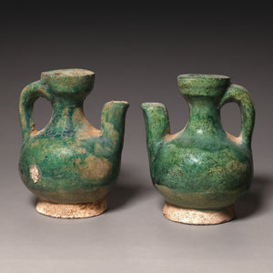 Ming Dynasty, Pair of Blue-Glazed Mingqi Vessel Shaped Pottery Figures - c. 1400s to 1600s CE - Imperial China