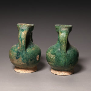 Ming Dynasty, Pair of Blue-Glazed Mingqi Vessel Shaped Pottery Figures - c. 1400s to 1600s CE - Imperial China