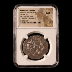 Persia, Sasanian Empire, King Khusru II, AR Drachm, King & Fire Altar (AU) - 591 to 628 CE - NGC Certified