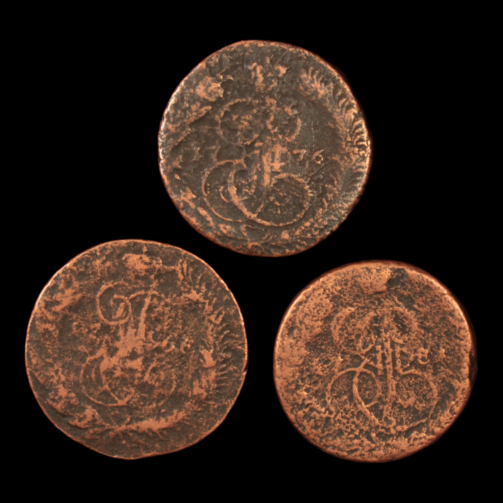 Lot of 3: Catherine the Great 5 Kopecks, Low Grade - 1767 to 1796 - Russian Empire