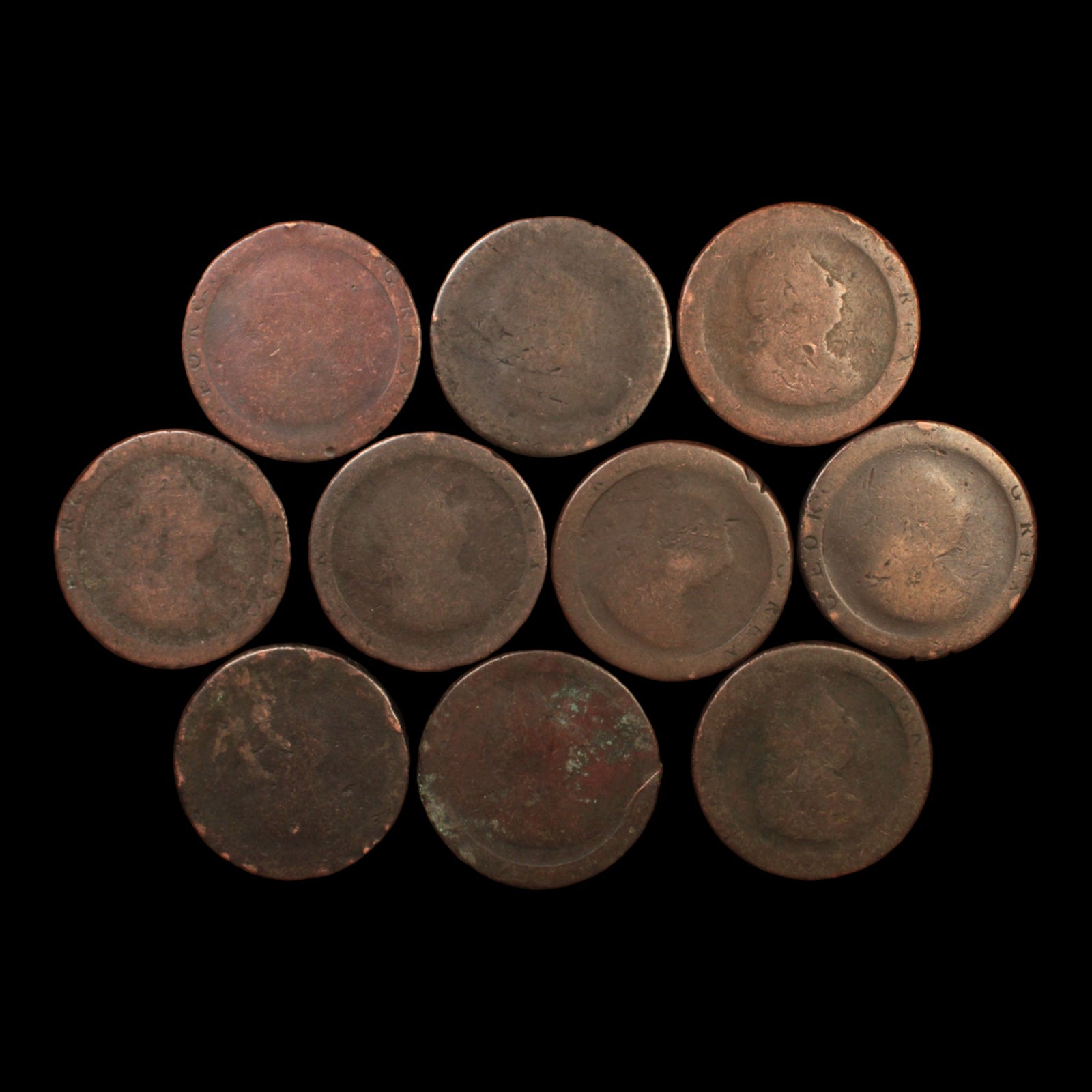 Lot of 10: King George III, Cartwheel Pennies, Low Grade - 1797 - Great Britain