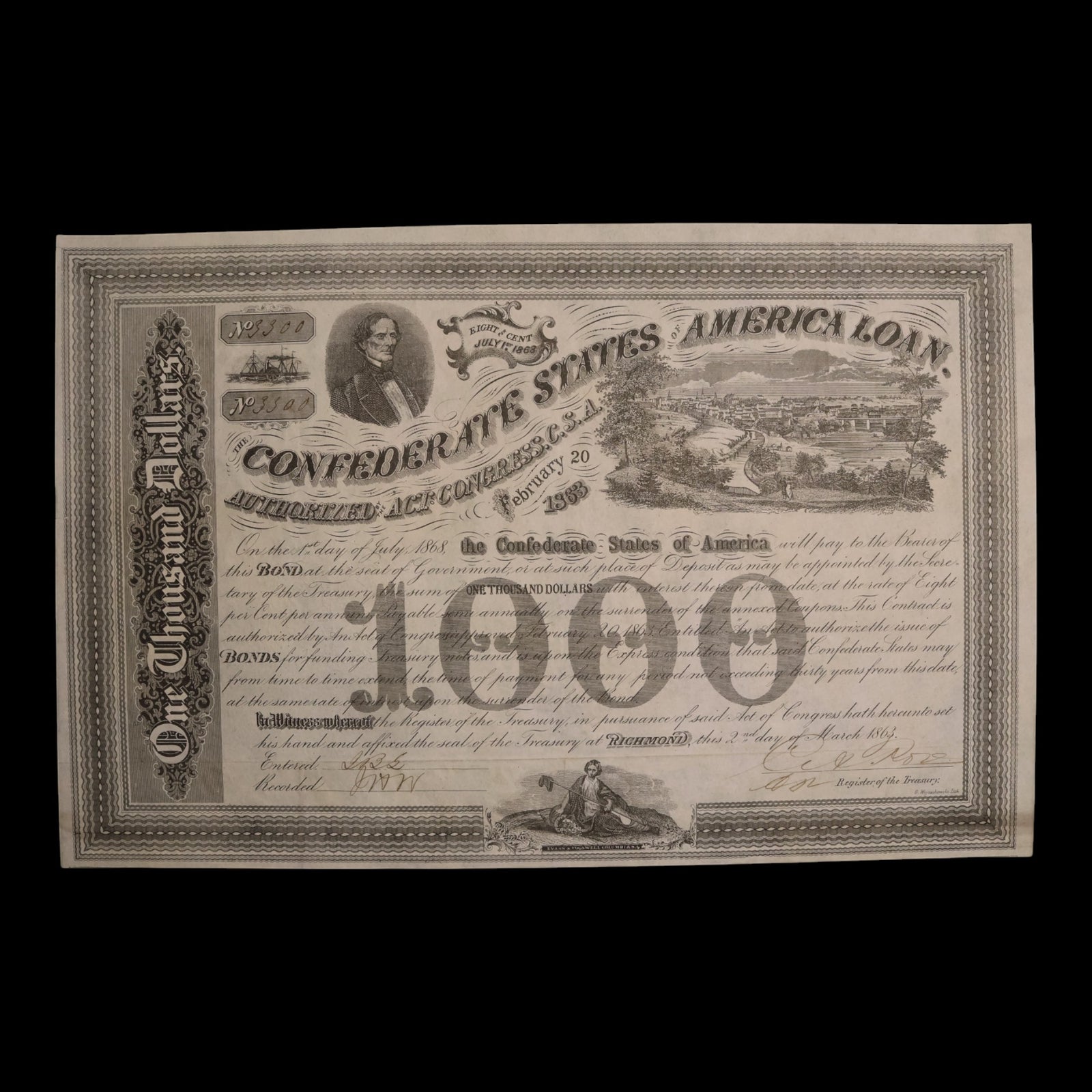Confederate States of America, $1,000 Bond, Jefferson Davis & Richmond, VA - 1863 - U.S. Civil War