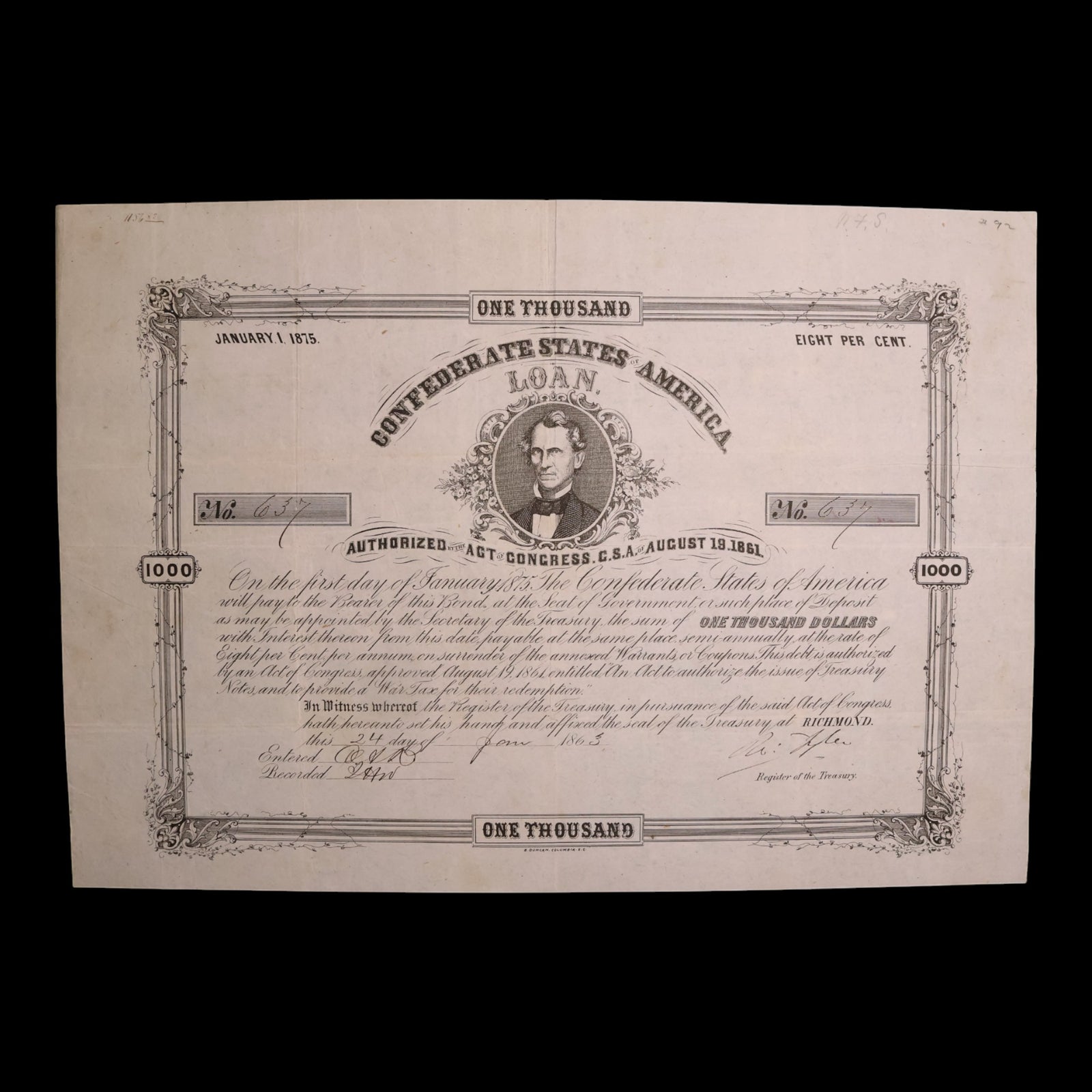 Confederate States of America, $1,000 Bond, C. G. Memminger (Sec. of Treasury) - 1861 - U.S. Civil War