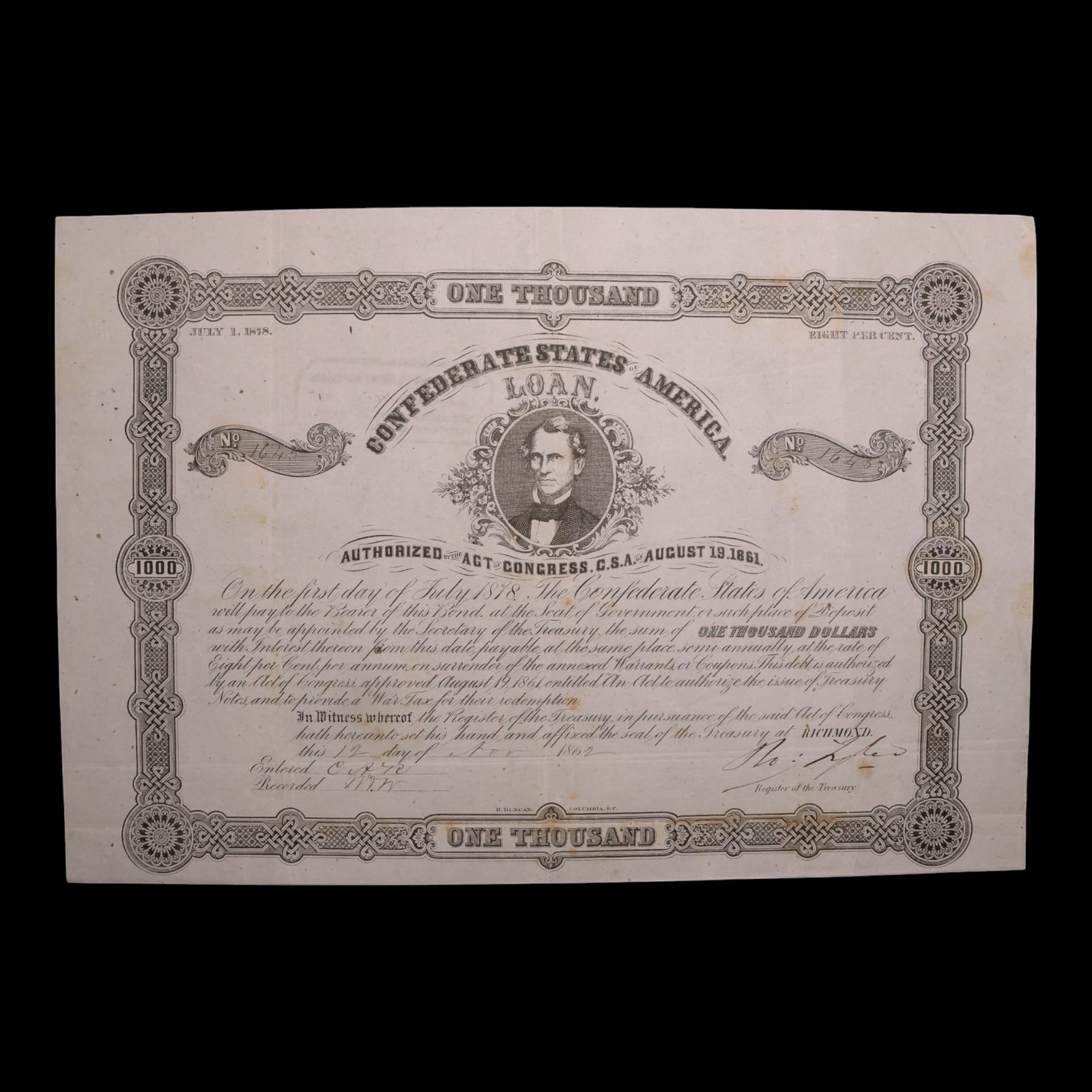 Confederate States of America, $1,000 Bond, C. G. Memminger (Sec. of Treasury) - 1861 - U.S. Civil War