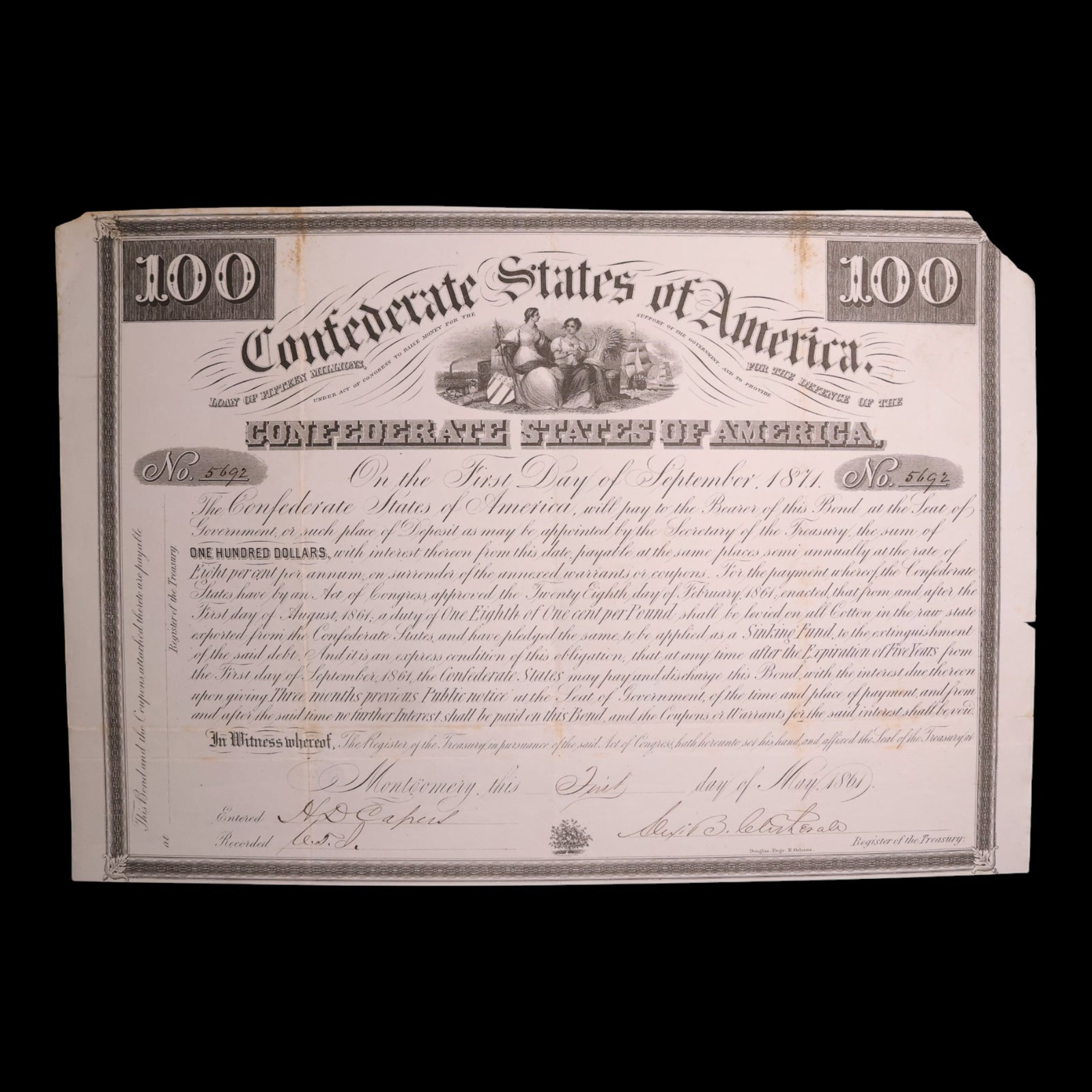 Confederate States of America, $100 Bond, Commerce & Agriculture Vignette - 1861 - U.S. Civil War