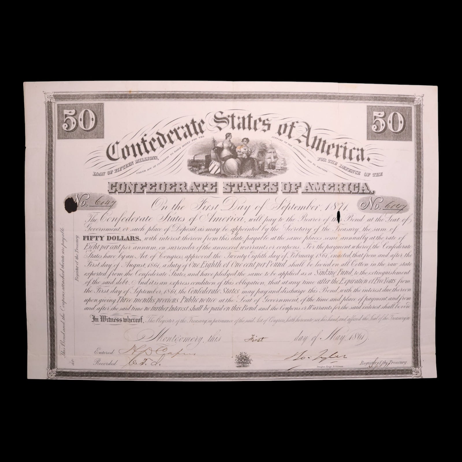 Confederate States of America, $50 Bond, Commerce & Agriculture Vignette - 1861 - U.S. Civil War