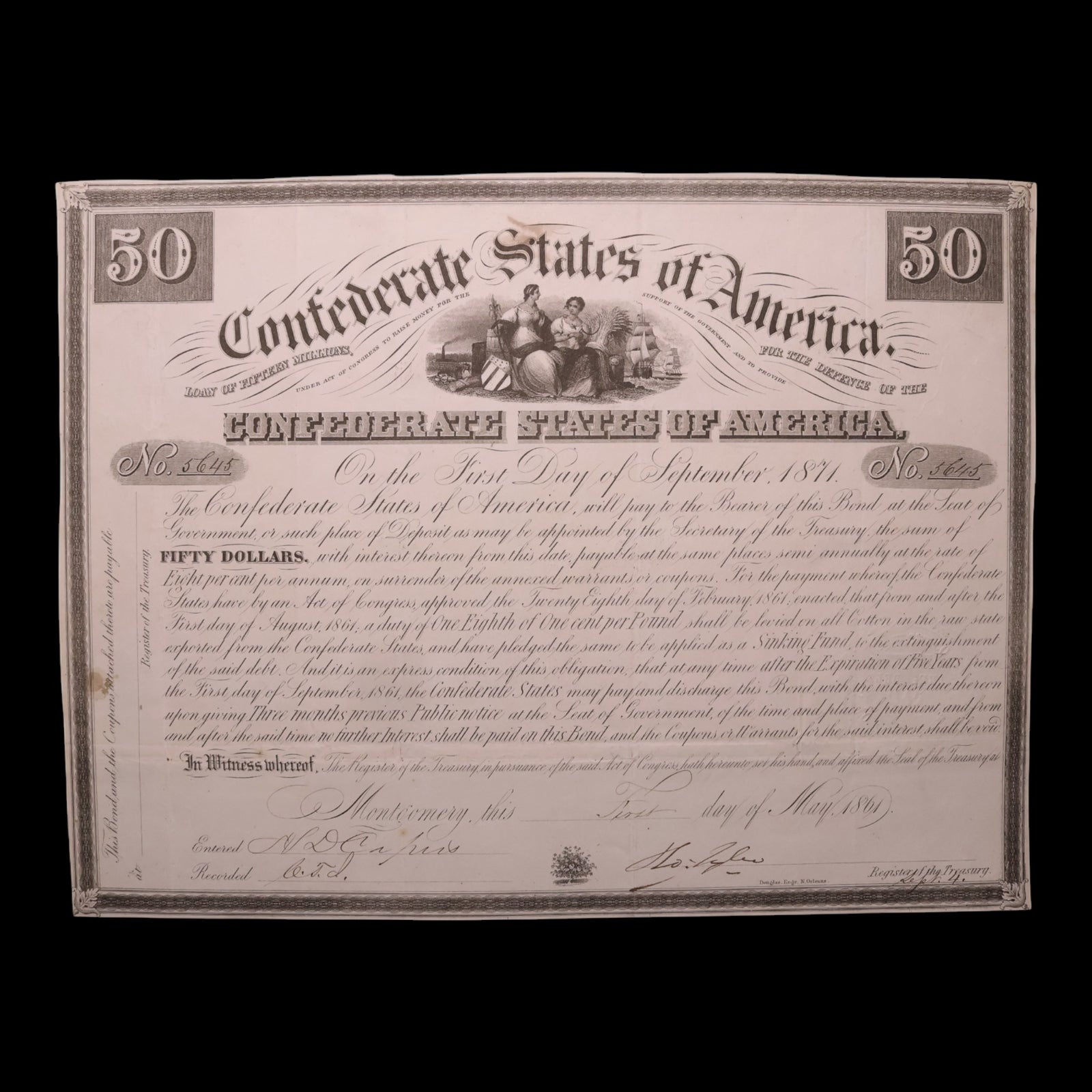 Confederate States of America, $50 Bond, Commerce & Agriculture Vignette - 1861 - U.S. Civil War