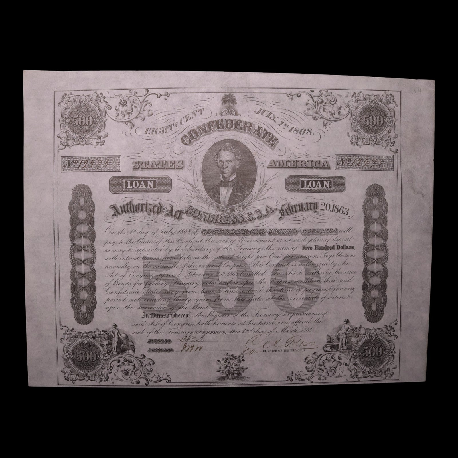 Confederate States of America, $500 Bond, C. G. Memminger (Sec. of Treasury) - 1863 - U.S. Civil War