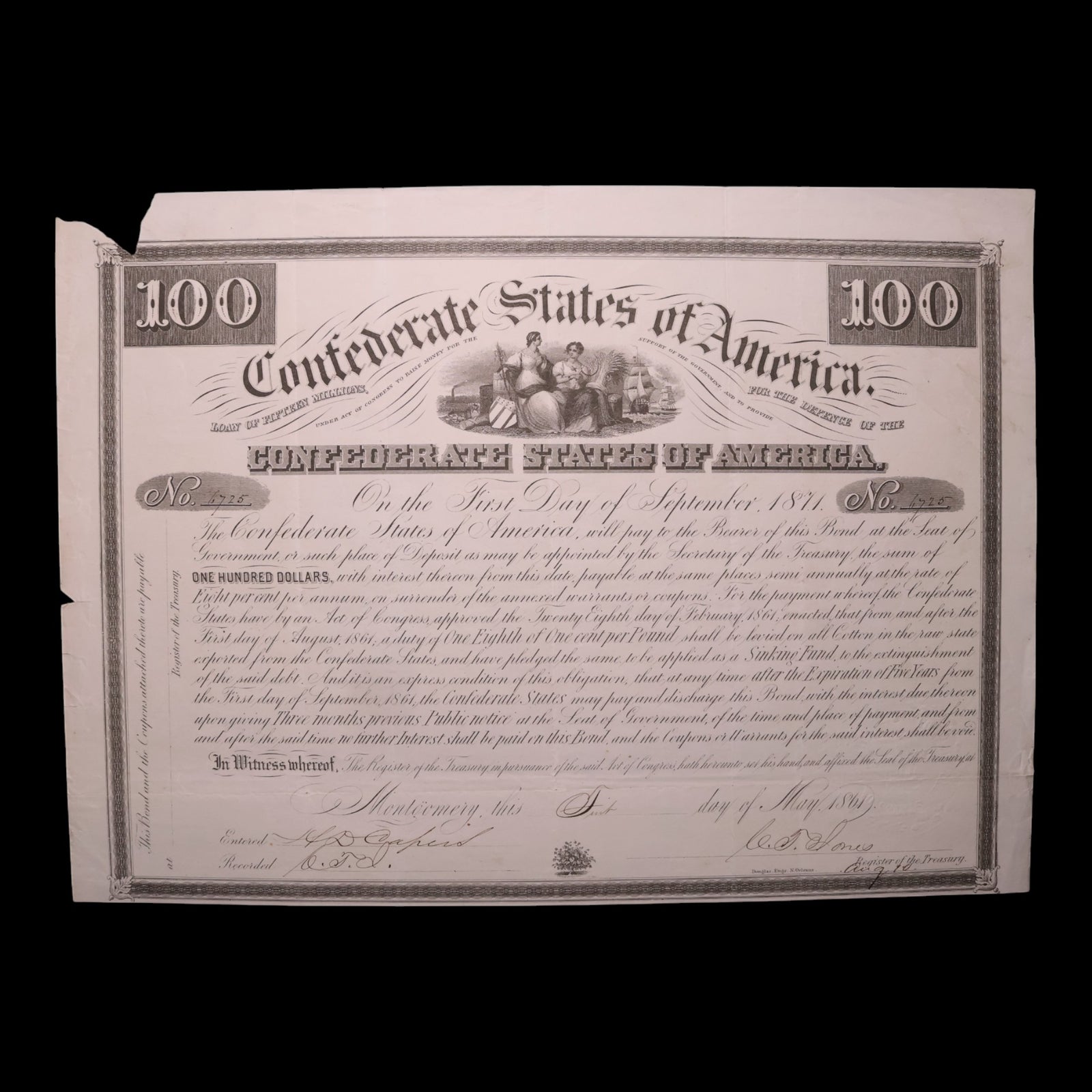 Confederate States of America, $100 Bond, Commerce & Agriculture Vignette - 1861 - U.S. Civil War