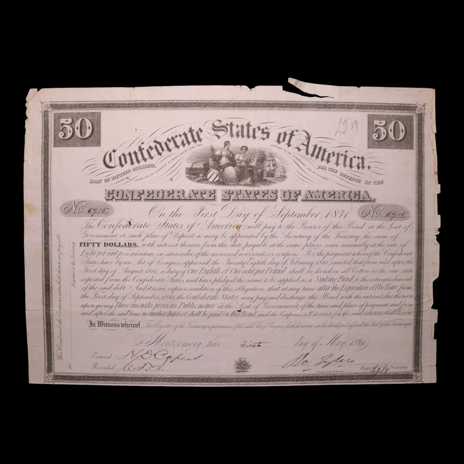 Confederate States of America, $50 Bond, Commerce & Agriculture Vignette - 1861 - U.S. Civil War