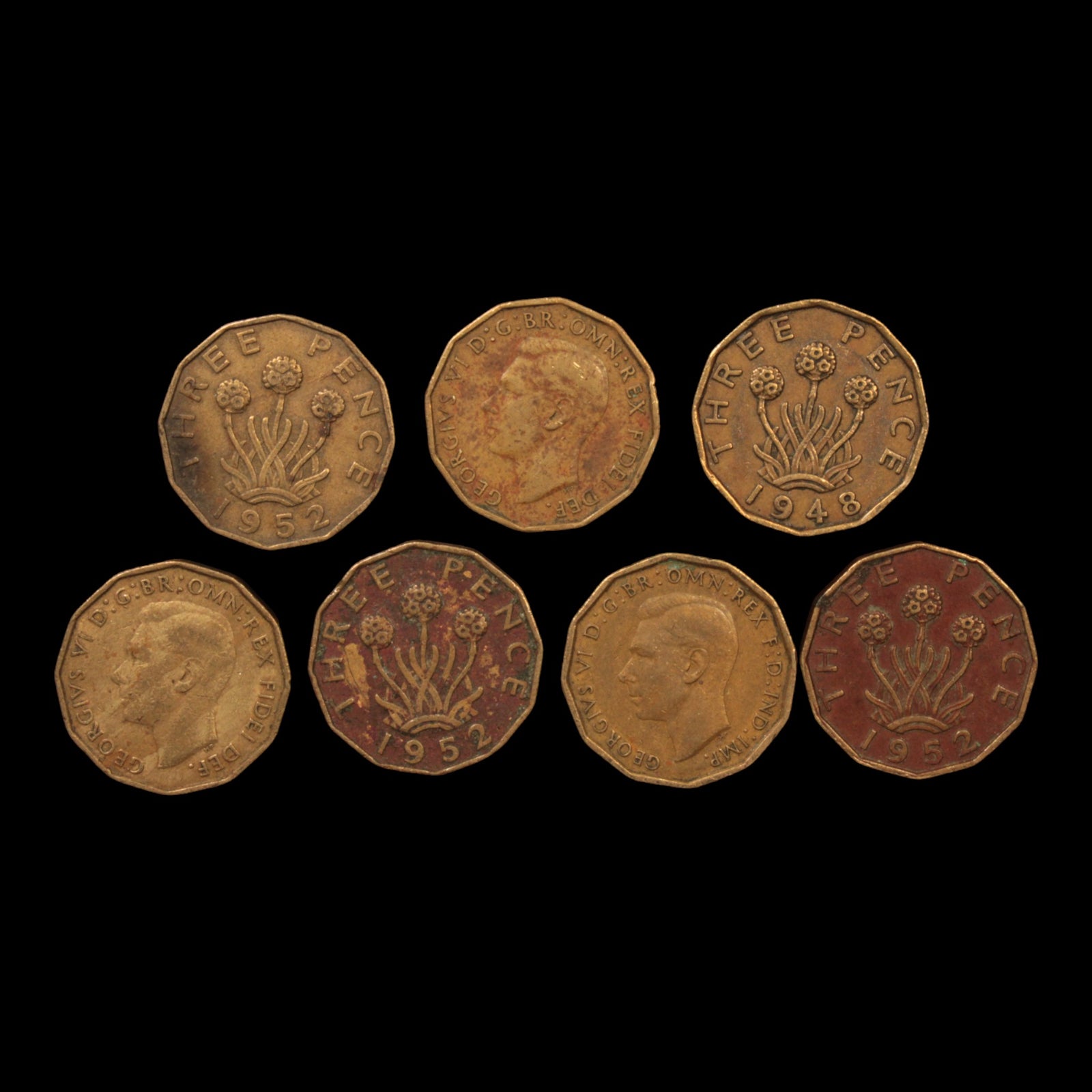 Lot of 7: King George VI, Brass Threepence - 1946 to 1952 - United Kingdom