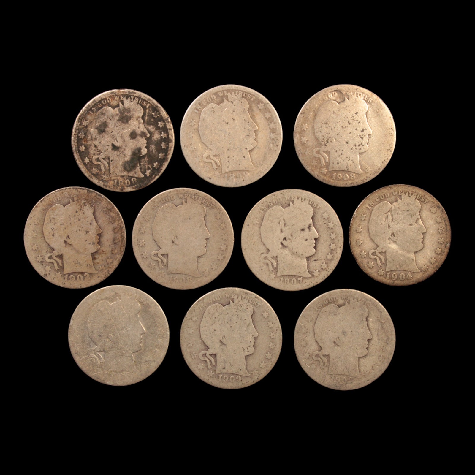 Lot of 10: United States, Barber Quarter (Silver) - 1892 to 1916 - United States