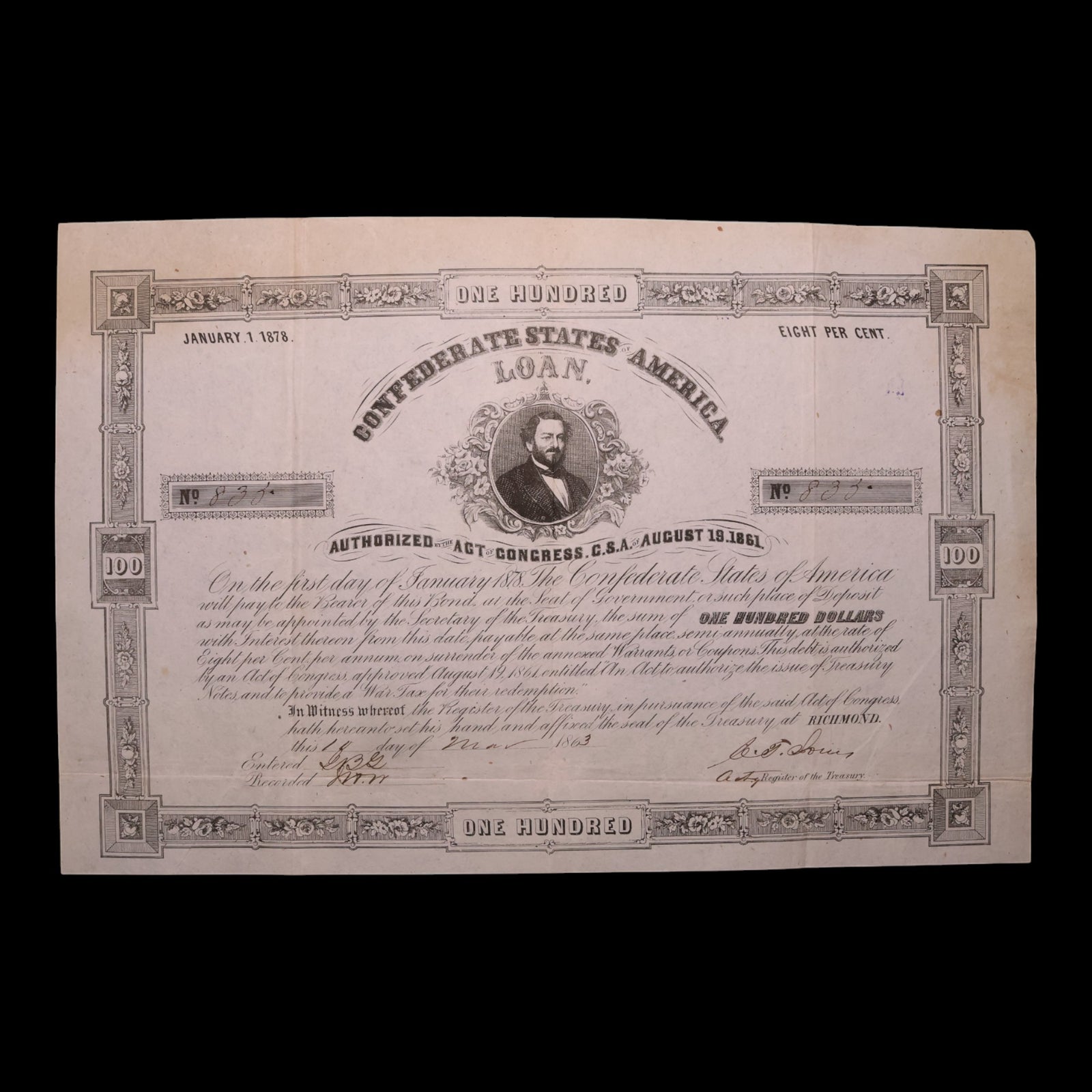 Confederate States of America, $100 Bond, J. P. Benjamin (Sec. of War) - 1861 - U.S. Civil War