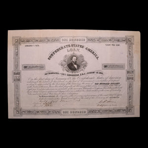 Confederate States of America, $100 Bond, J. P. Benjamin (Sec. of War) - 1861 - U.S. Civil War