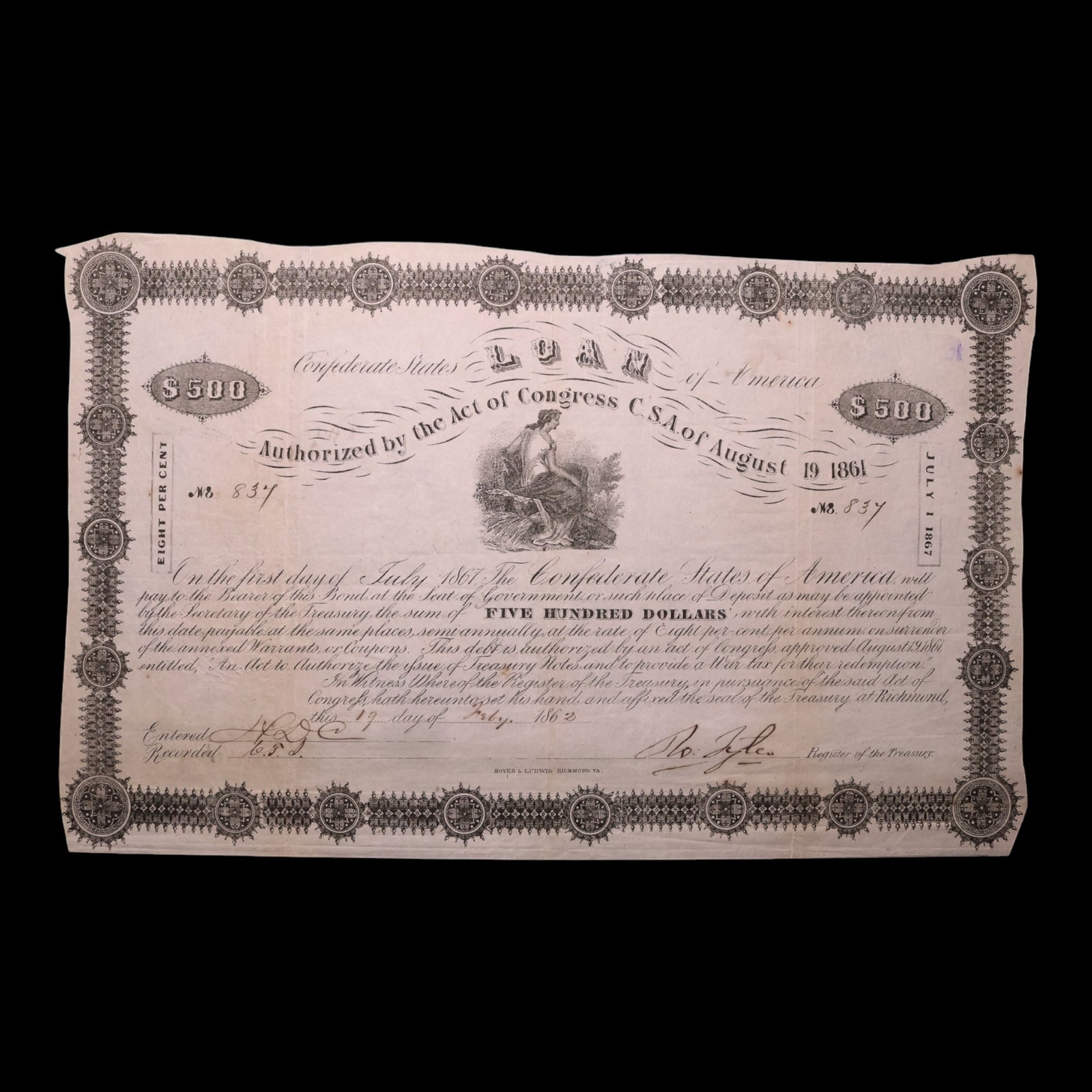 Confederate States of America, $500 Bond, Lady of Agriculture Vignette - 1861 - U.S. Civil War