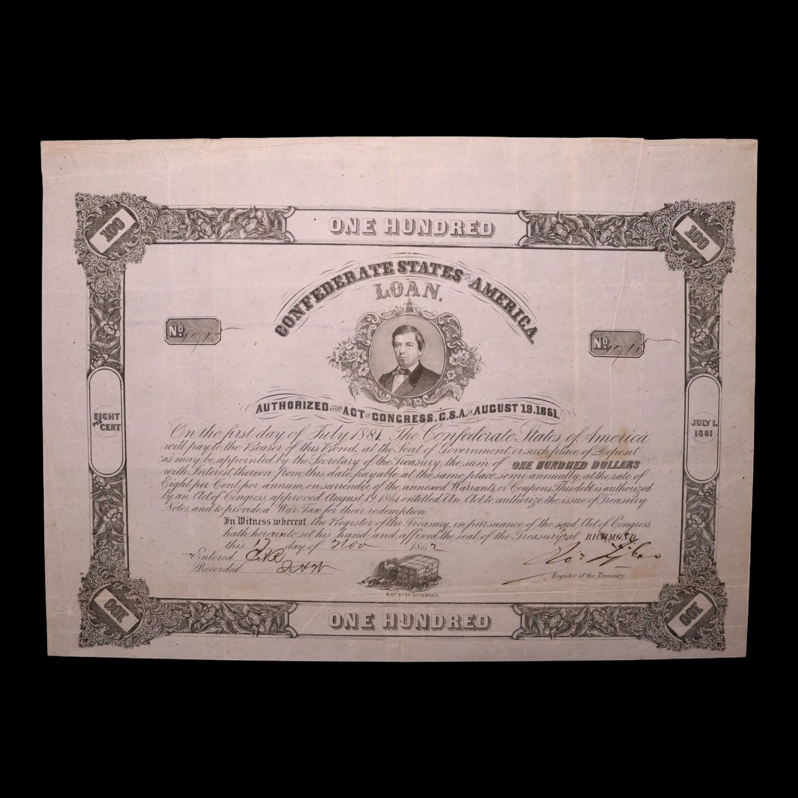 Confederate States of America, $100 Bond, Edward Elmore (Treasurer of the CSA) - 1861 - U.S. Civil War